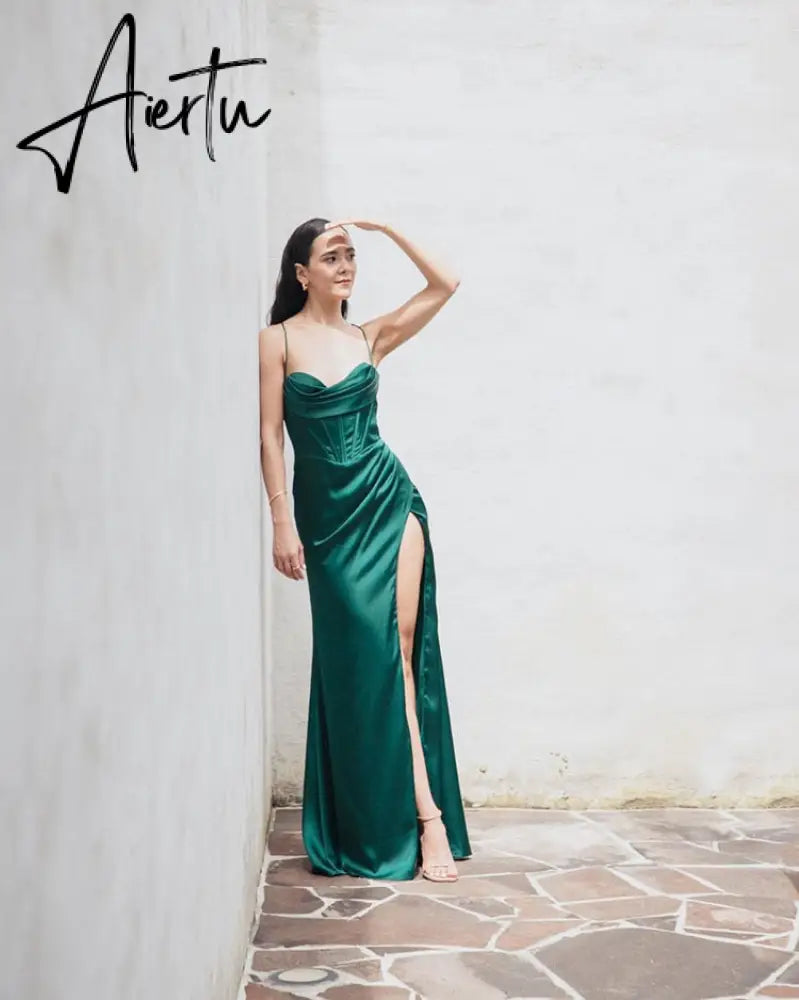 New Summer Prom Dress Women'S Sling Sleeveless Solid Color Dress One Word Neck Slim Fit Open Back Slit Red Sexy Dress Aiertu