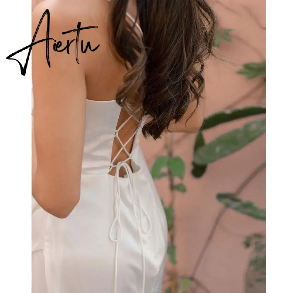 New Summer Prom Dress Women'S Sling Sleeveless Solid Color Dress One Word Neck Slim Fit Open Back Slit Red Sexy Dress Aiertu