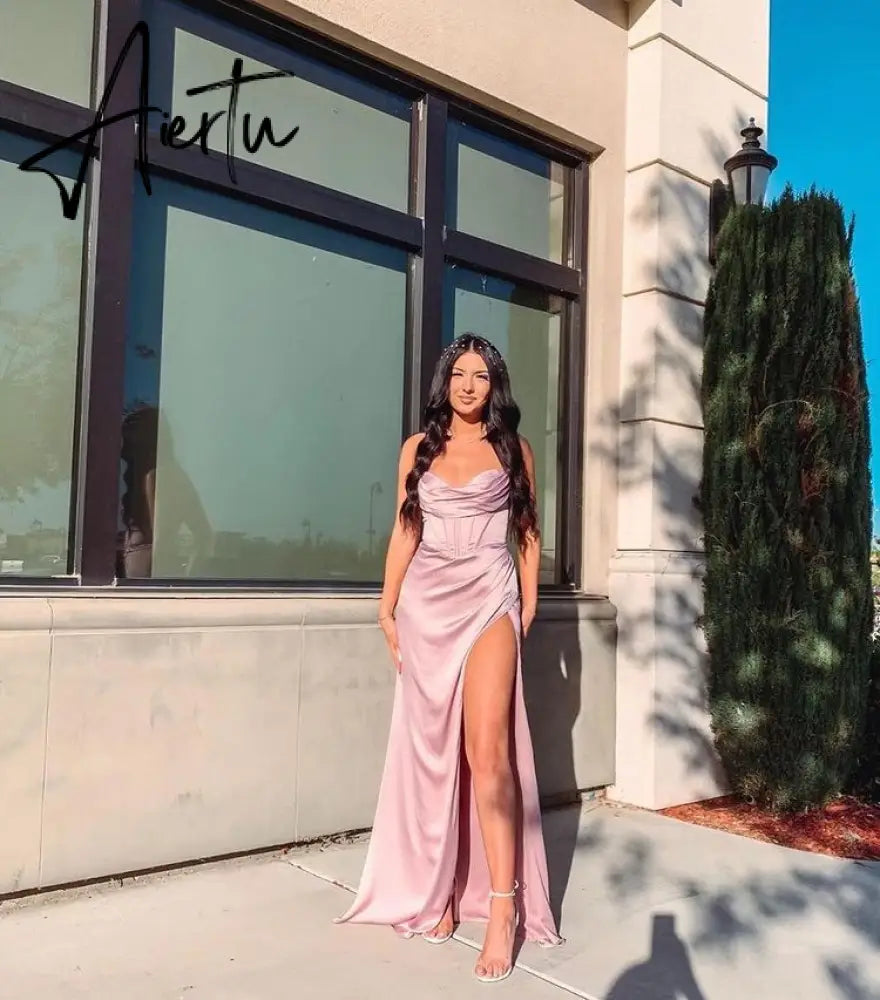 New Summer Prom Dress Women'S Sling Sleeveless Solid Color Dress One Word Neck Slim Fit Open Back Slit Red Sexy Dress Aiertu
