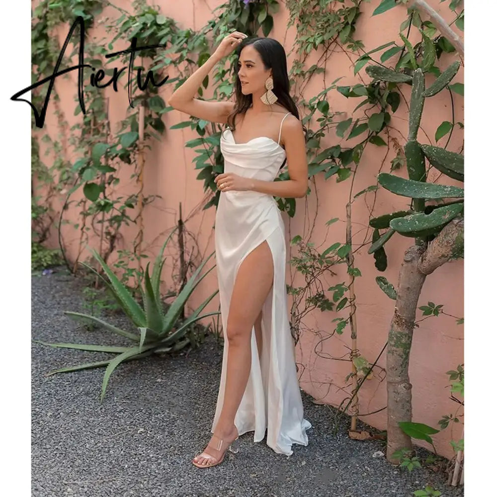New Summer Prom Dress Women'S Sling Sleeveless Solid Color Dress One Word Neck Slim Fit Open Back Slit Red Sexy Dress Aiertu