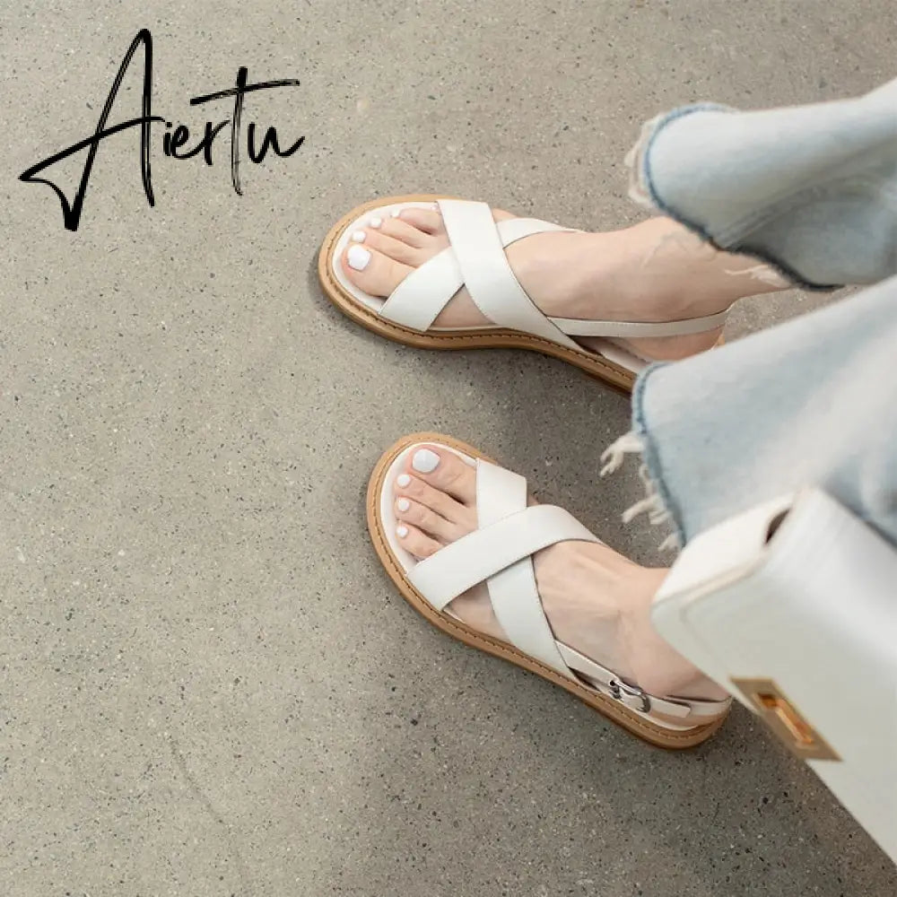 New Summer Sandals Women Round Toe Low Heel Fashion Women Shoes Genuine Leather Simplicity Sandals for Women Flat Sandals Aiertu