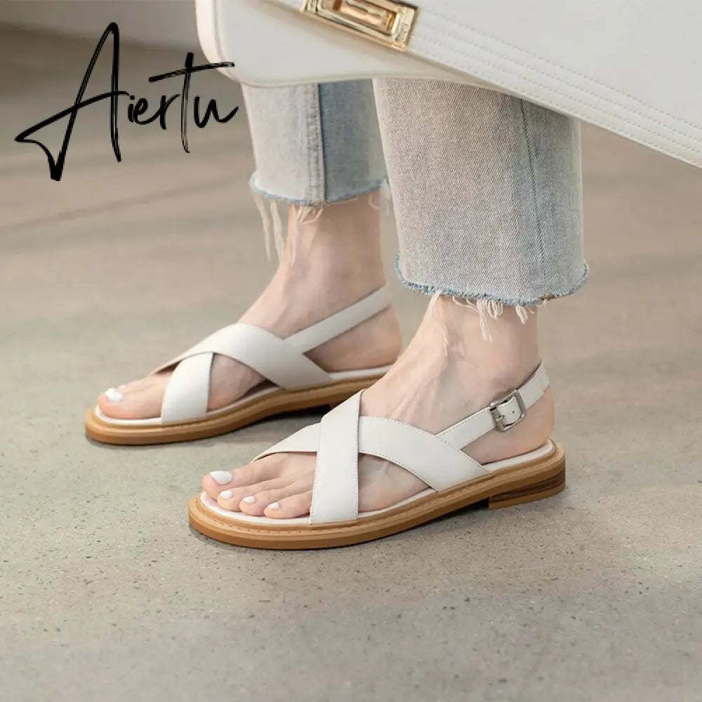 New Summer Sandals Women Round Toe Low Heel Fashion Women Shoes Genuine Leather Simplicity Sandals for Women Flat Sandals Aiertu