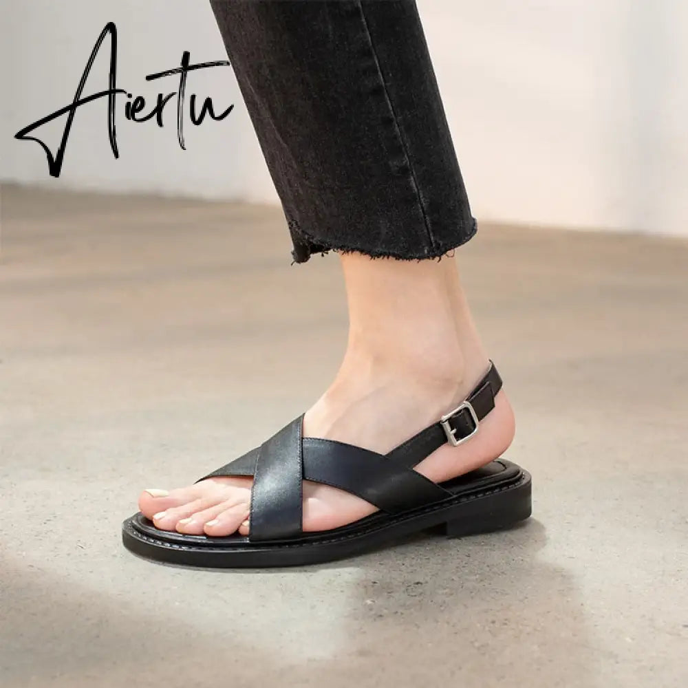 New Summer Sandals Women Round Toe Low Heel Fashion Women Shoes Genuine Leather Simplicity Sandals for Women Flat Sandals Aiertu