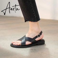 New Summer Sandals Women Round Toe Low Heel Fashion Women Shoes Genuine Leather Simplicity Sandals for Women Flat Sandals Aiertu