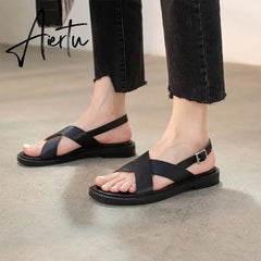 New Summer Sandals Women Round Toe Low Heel Fashion Women Shoes Genuine Leather Simplicity Sandals for Women Flat Sandals Aiertu