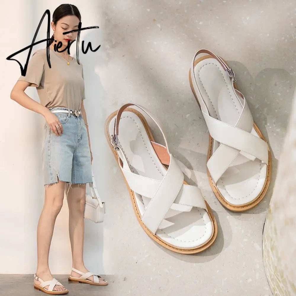 New Summer Sandals Women Round Toe Low Heel Fashion Women Shoes Genuine Leather Simplicity Sandals for Women Flat Sandals Aiertu