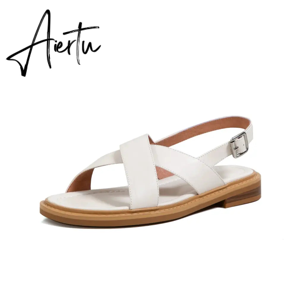 New Summer Sandals Women Round Toe Low Heel Fashion Women Shoes Genuine Leather Simplicity Sandals for Women Flat Sandals Aiertu