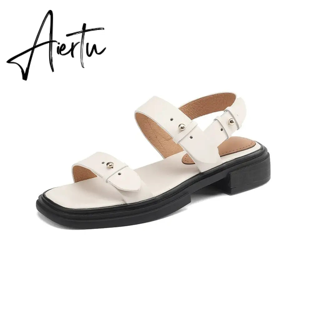 New Summer Sandals Women Shoes Chunky Heel Open Toe Retro Sandals for Women Handmade Retro Leather Women Sandals Aiertu