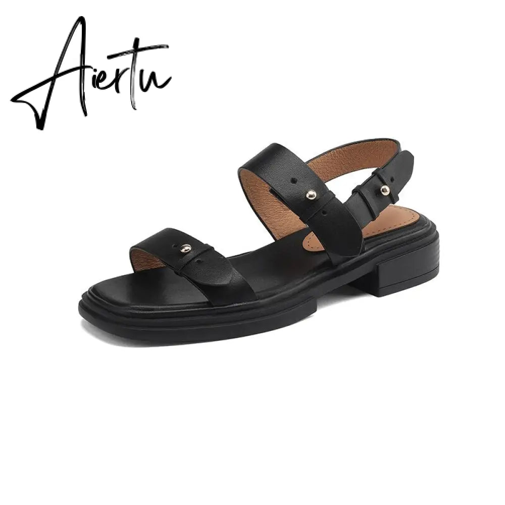 New Summer Sandals Women Shoes Chunky Heel Open Toe Retro Sandals for Women Handmade Retro Leather Women Sandals Aiertu