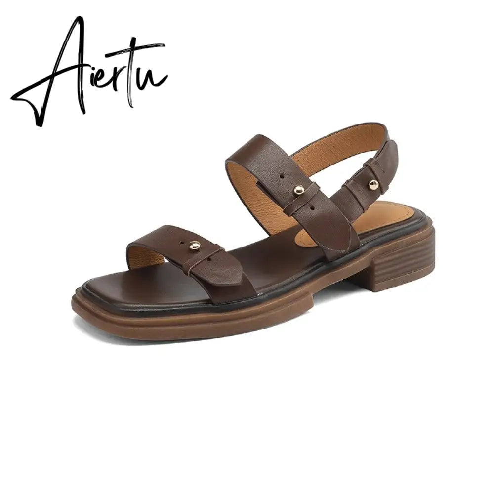 New Summer Sandals Women Shoes Chunky Heel Open Toe Retro Sandals for Women Handmade Retro Leather Women Sandals Aiertu
