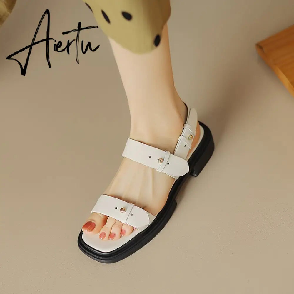 New Summer Sandals Women Shoes Chunky Heel Open Toe Retro Sandals for Women Handmade Retro Leather Women Sandals Aiertu