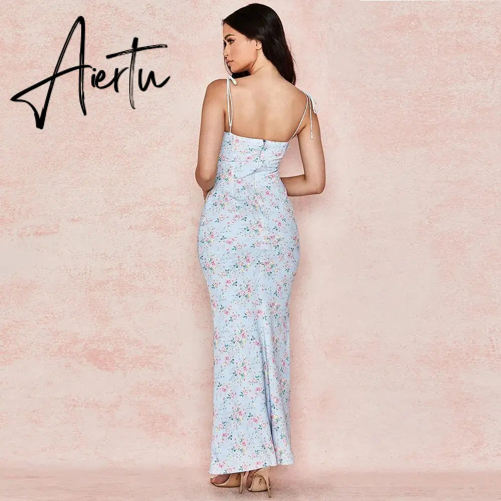 New Summer Woman Blue Floral Dress Sexy Backless Sleeveless Bandage Ruched Maxi Dresses for Women Party Chic Lady Clothes Aiertu