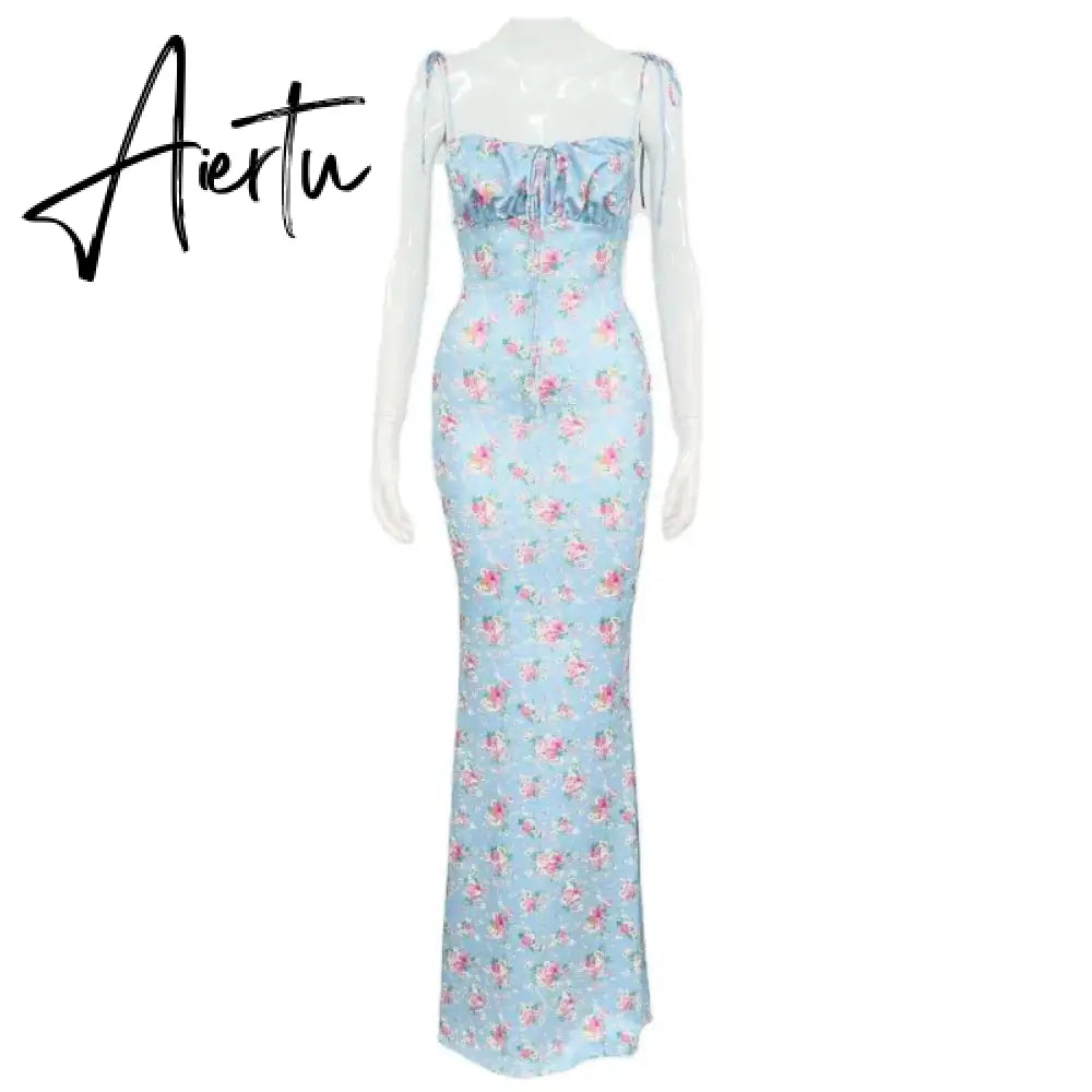 New Summer Woman Blue Floral Dress Sexy Backless Sleeveless Bandage Ruched Maxi Dresses for Women Party Chic Lady Clothes Aiertu