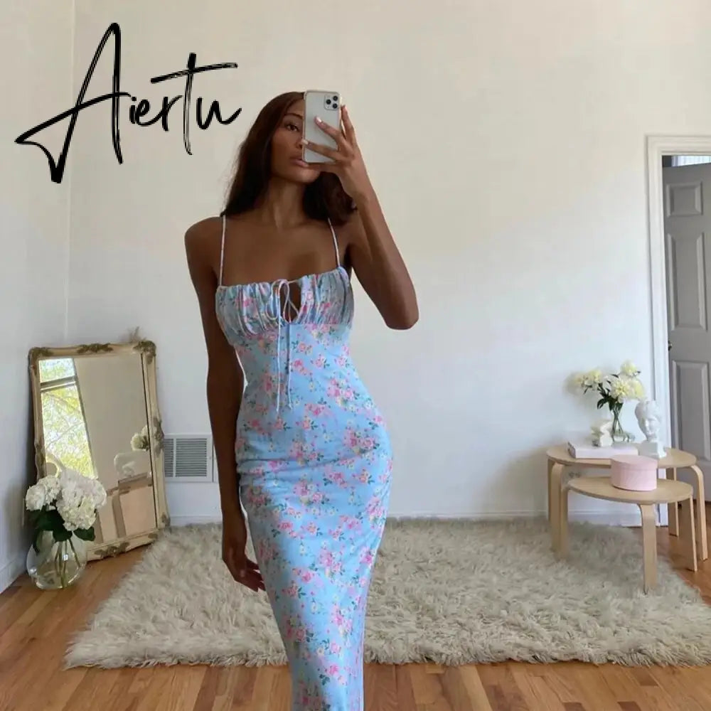 New Summer Woman Blue Floral Dress Sexy Backless Sleeveless Bandage Ruched Maxi Dresses for Women Party Chic Lady Clothes Aiertu