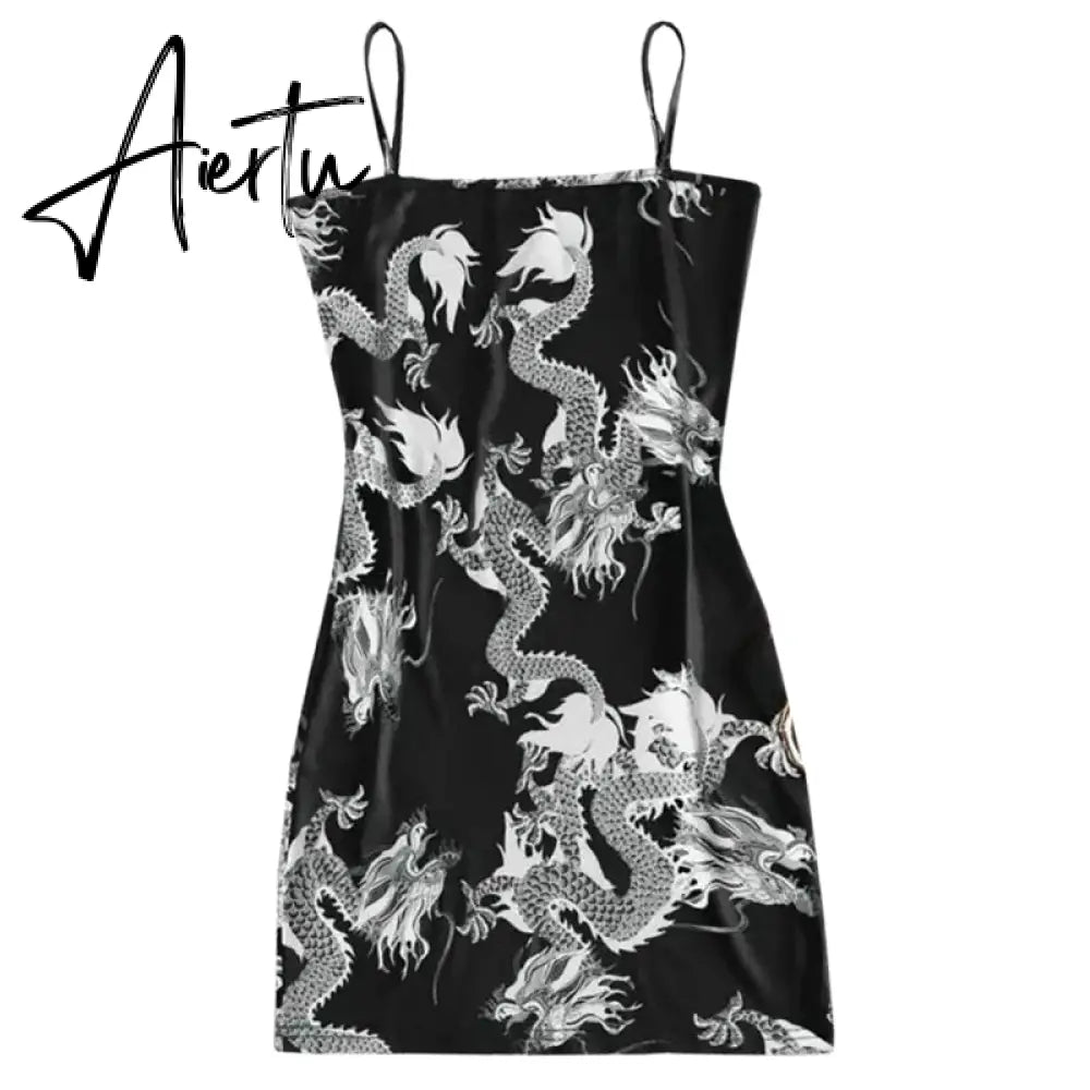 New Summer Women Dragon Pattern Sleeveless Split Hip Slender Slim Fit Sexy Print Dress сарафаны женские летние motel rocks Aiertu