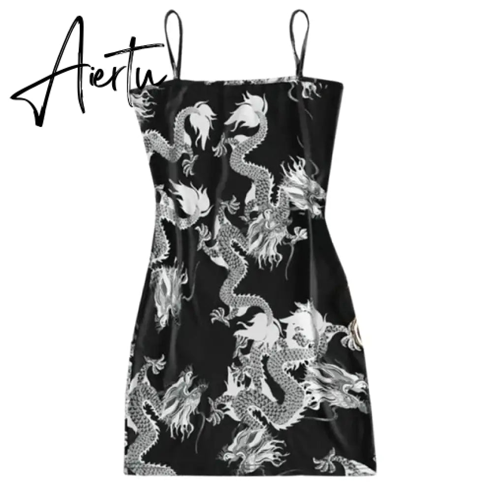 New Summer Women Dragon Pattern Sleeveless Split Hip Slender Slim Fit Sexy Print Dress сарафаны женские летние motel rocks Aiertu