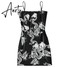New Summer Women Dragon Pattern Sleeveless Split Hip Slender Slim Fit Sexy Print Dress сарафаны женские летние motel rocks Aiertu