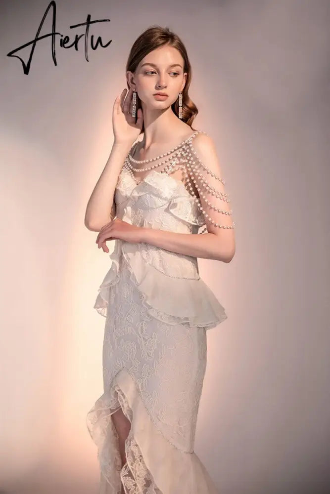 New Summer Women Luxury Floral Lace Pearl Prom Dress Suspenders Diamonds Asymmetrical Dress Ruffles Mermaid Party Feminine Dress Aiertu