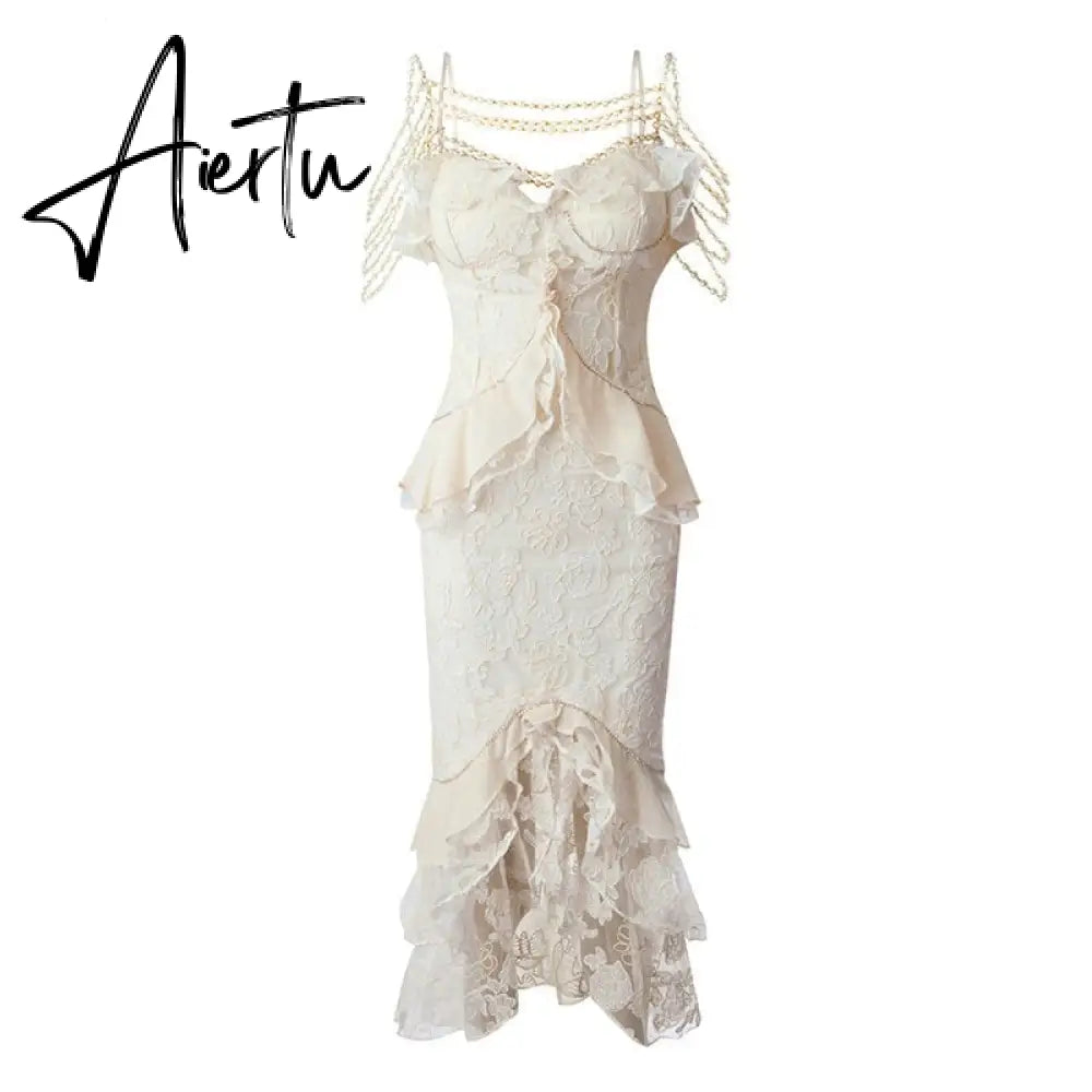 New Summer Women Luxury Floral Lace Pearl Prom Dress Suspenders Diamonds Asymmetrical Dress Ruffles Mermaid Party Feminine Dress Aiertu