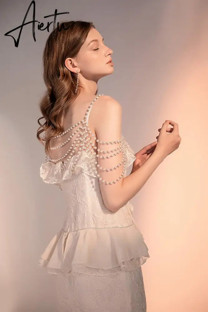 New Summer Women Luxury Floral Lace Pearl Prom Dress Suspenders Diamonds Asymmetrical Dress Ruffles Mermaid Party Feminine Dress Aiertu