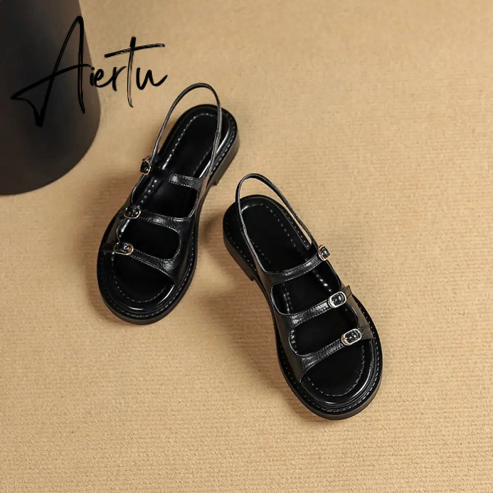 New Summer Women Shoes Open Toe Sandals Genuine Leather Casual Gladiator Retro Sandals Low Heel Shoes Real Leather Shoes Aiertu