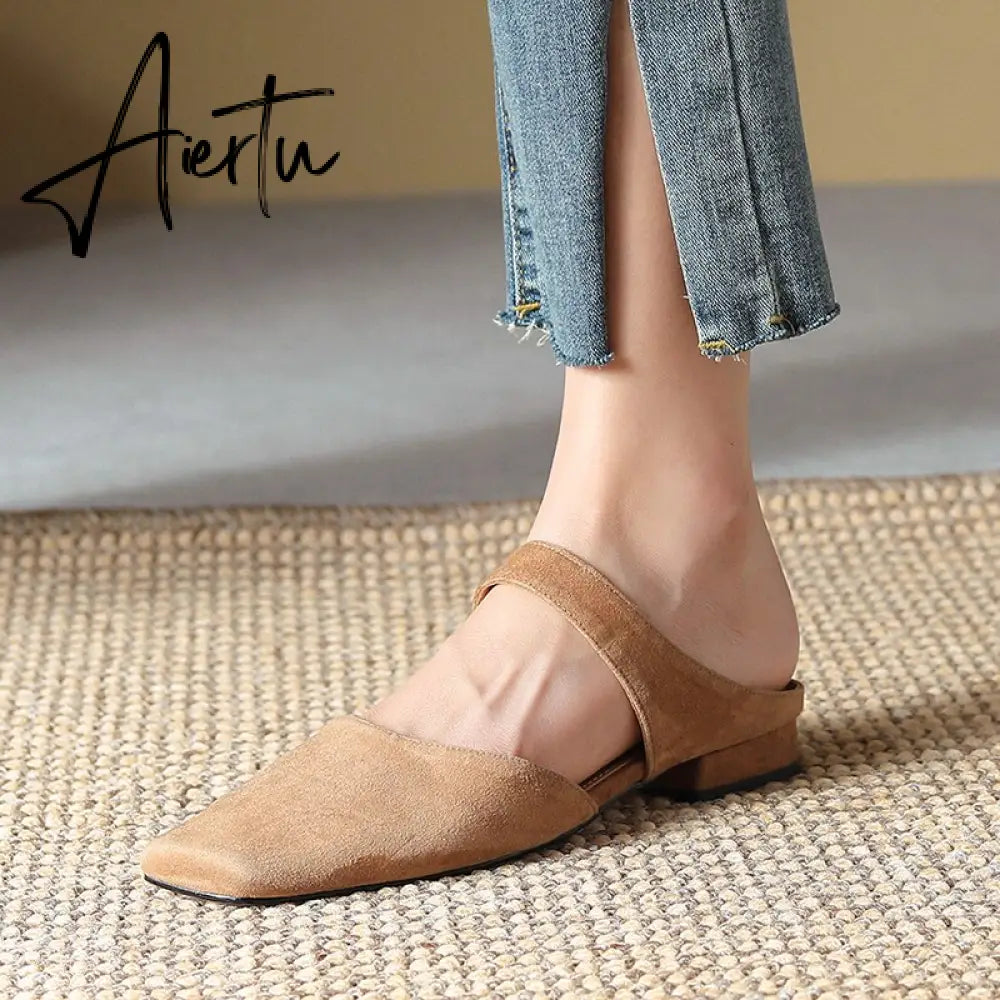 New Summer Women Shoes Sheepskin Shoes for Women Simple Bow Women Slippers Low Heels Square Toe Slippers Mules Handmade Aiertu