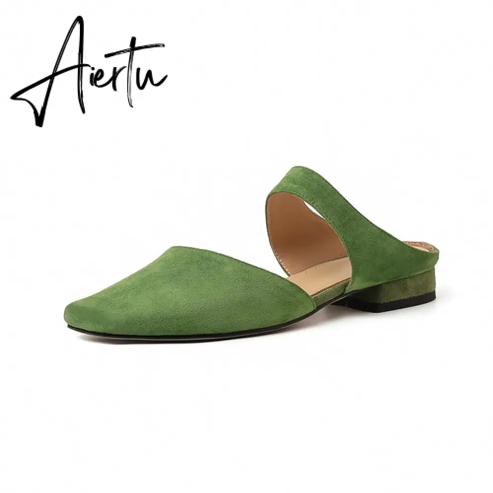 New Summer Women Shoes Sheepskin Shoes for Women Simple Bow Women Slippers Low Heels Square Toe Slippers Mules Handmade Aiertu