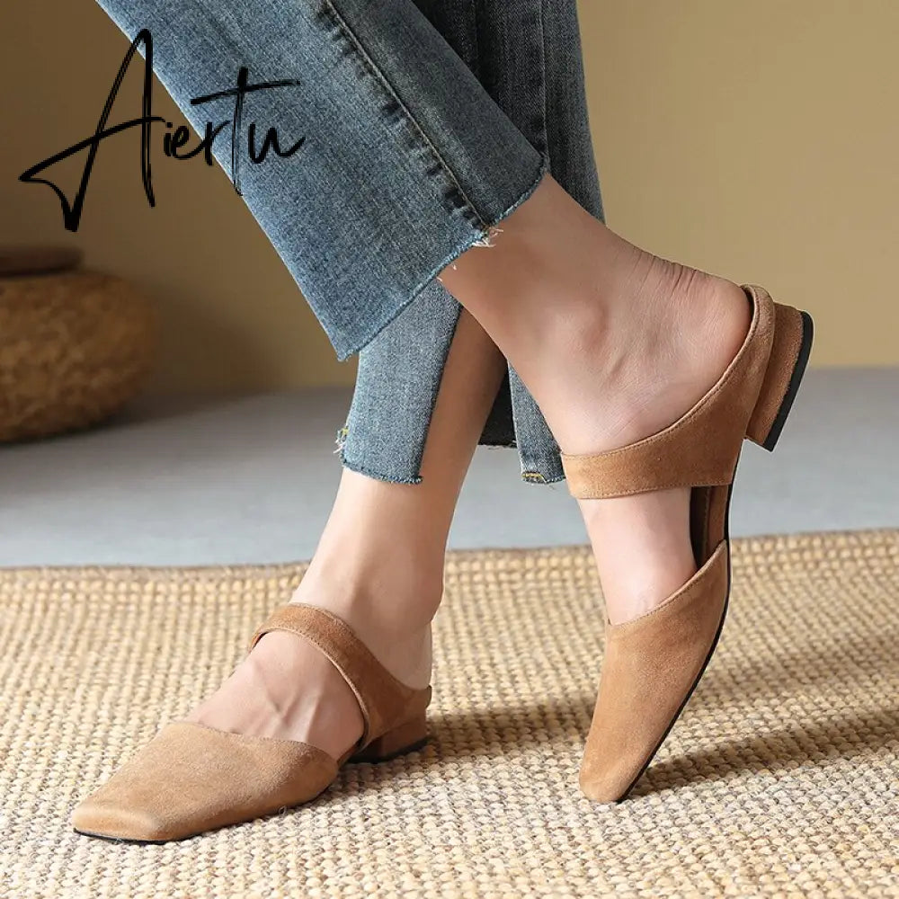 New Summer Women Shoes Sheepskin Shoes for Women Simple Bow Women Slippers Low Heels Square Toe Slippers Mules Handmade Aiertu