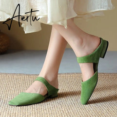 New Summer Women Shoes Sheepskin Shoes for Women Simple Bow Women Slippers Low Heels Square Toe Slippers Mules Handmade Aiertu