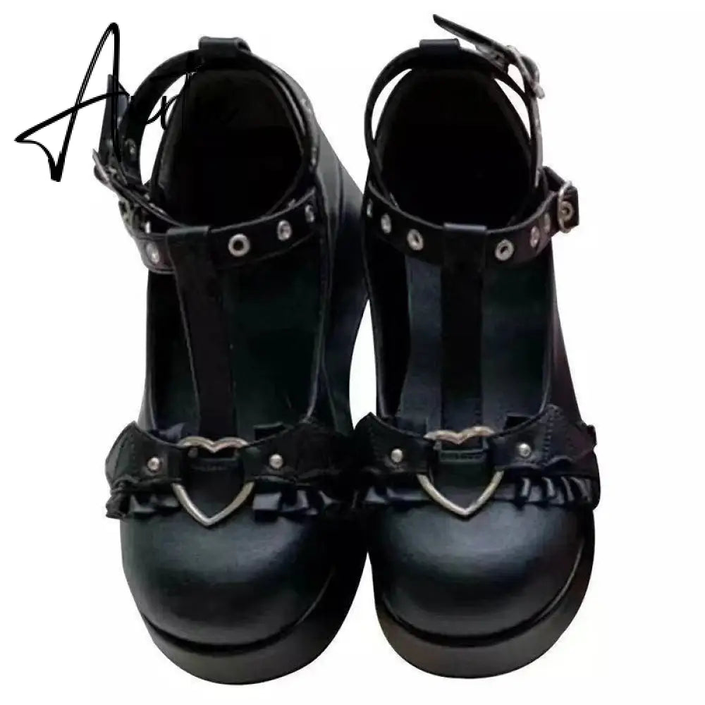New Sweet Heart Buckle Wedges Mary Janes Women Pink T-Strap Chunky Platform Lolita Shoes Woman Punk Gothic Cosplay Shoes 43 Aiertu