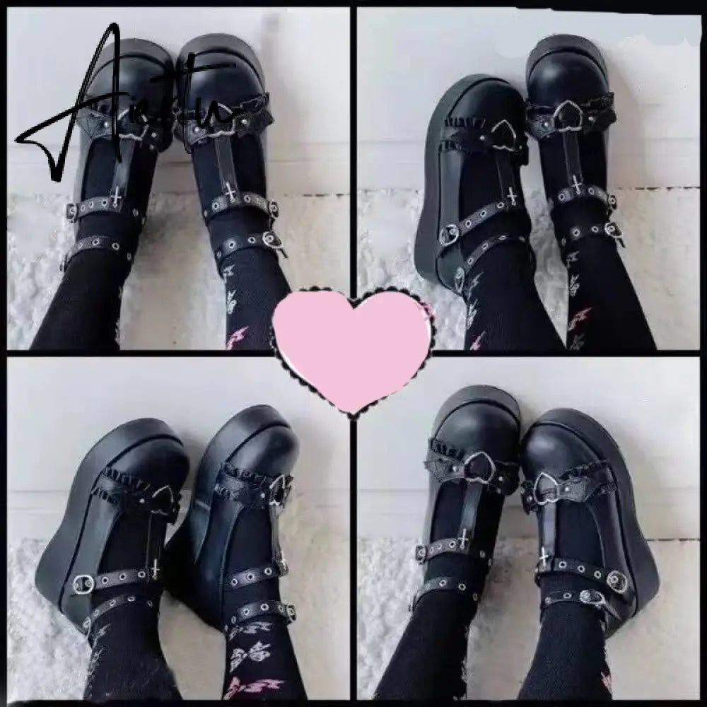 New Sweet Heart Buckle Wedges Mary Janes Women Pink T-Strap Chunky Platform Lolita Shoes Woman Punk Gothic Cosplay Shoes 43 Aiertu