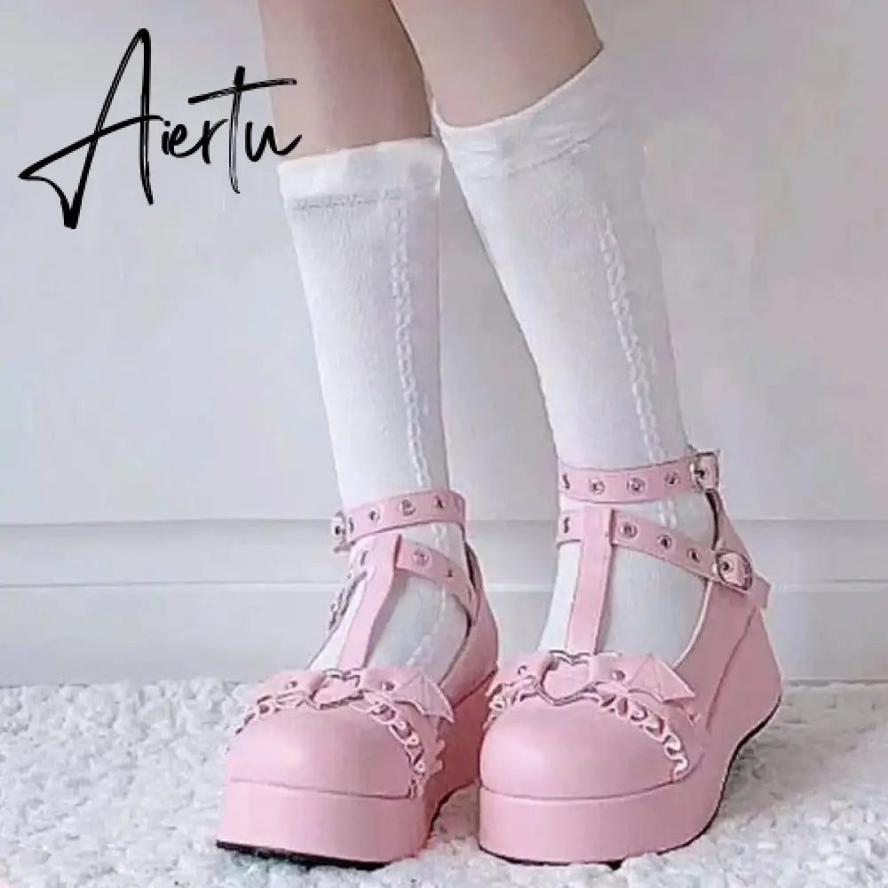 New Sweet Heart Buckle Wedges Mary Janes Women Pink T-Strap Chunky Platform Lolita Shoes Woman Punk Gothic Cosplay Shoes 43 Aiertu
