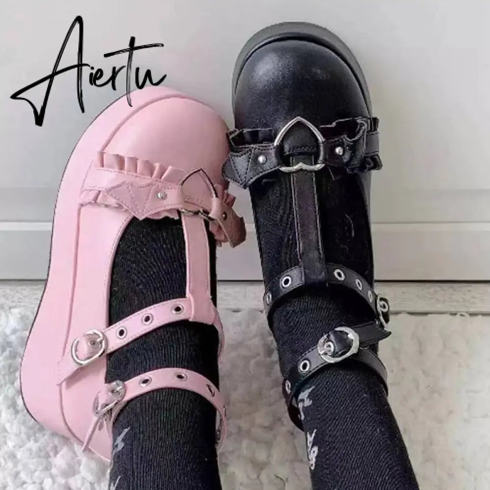 New Sweet Heart Buckle Wedges Mary Janes Women Pink T-Strap Chunky Platform Lolita Shoes Woman Punk Gothic Cosplay Shoes 43 Aiertu
