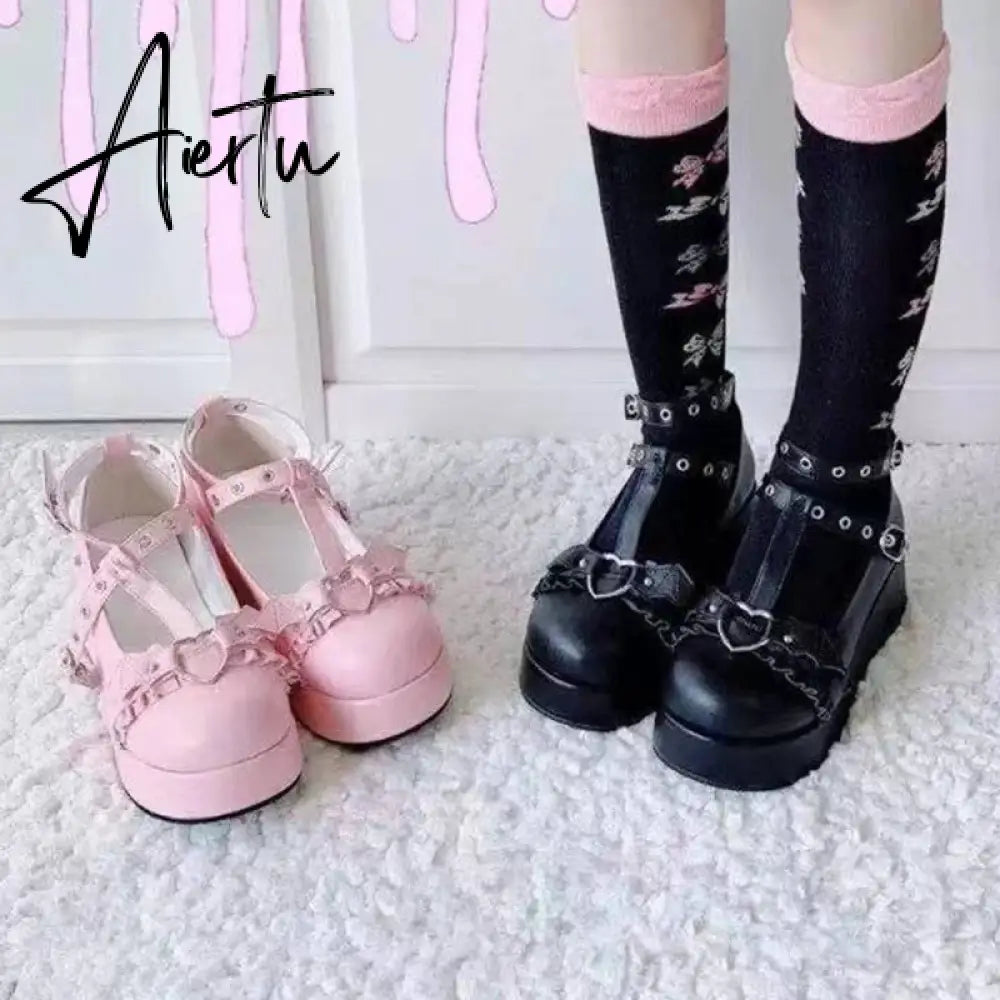 New Sweet Heart Buckle Wedges Mary Janes Women Pink T-Strap Chunky Platform Lolita Shoes Woman Punk Gothic Cosplay Shoes 43 Aiertu