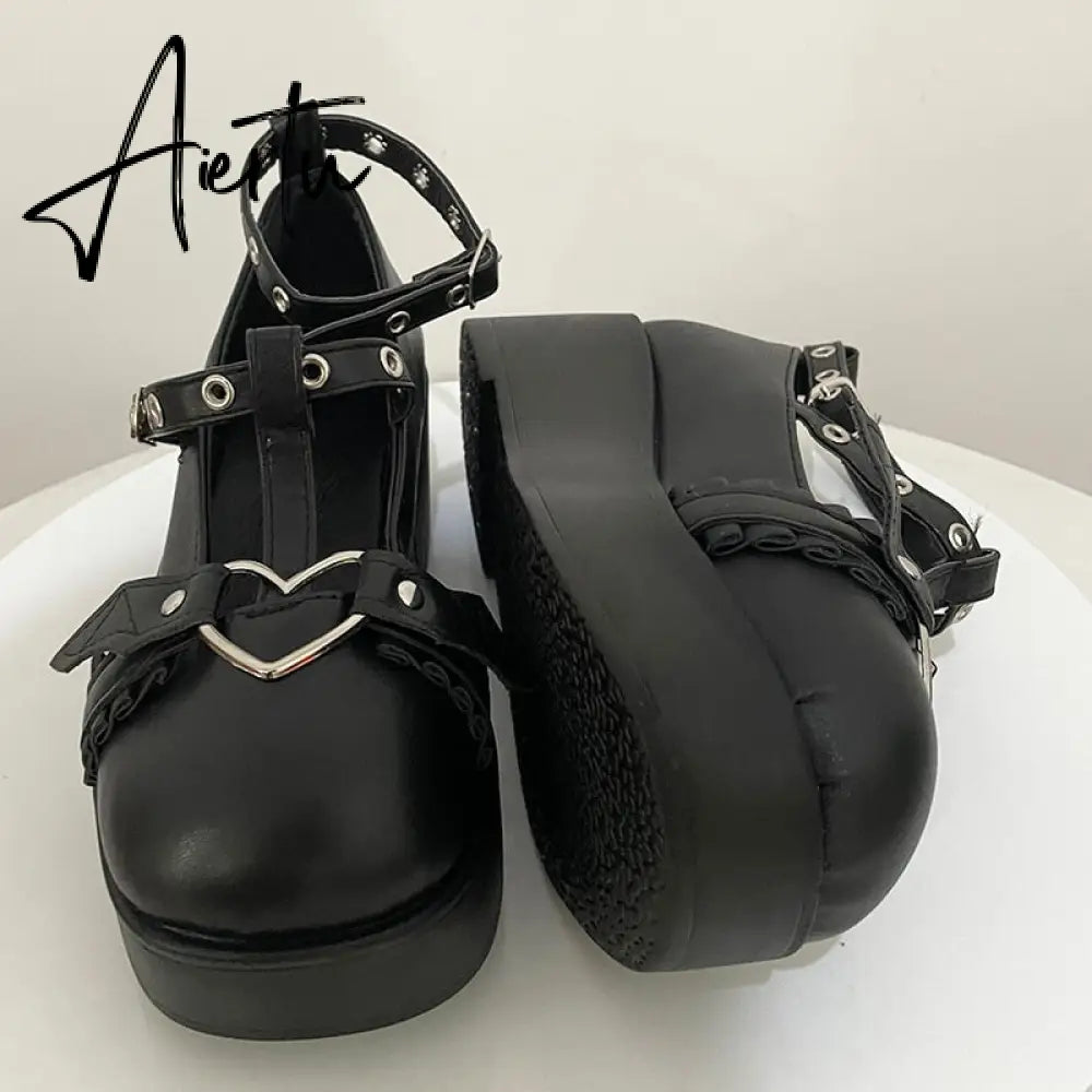 New Sweet Heart Buckle Wedges Mary Janes Women Pink T-Strap Chunky Platform Lolita Shoes Woman Punk Gothic Cosplay Shoes 43 Aiertu
