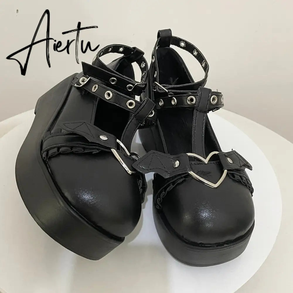 New Sweet Heart Buckle Wedges Mary Janes Women Pink T-Strap Chunky Platform Lolita Shoes Woman Punk Gothic Cosplay Shoes 43 Aiertu