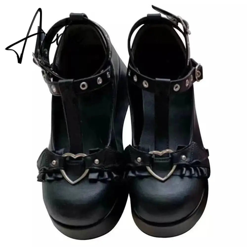 New Sweet Heart Buckle Wedges Mary Janes Women Pink T-Strap Chunky Platform Lolita Shoes Woman Punk Gothic Cosplay Shoes 43 Aiertu