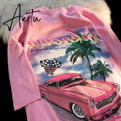 New Sweet Pink Car Print 90s Vintage Graphic T Shirts Hip Hop Women Girls Street Fashion Oversized T-shirt Summer Cotton Y2k Top Aiertu