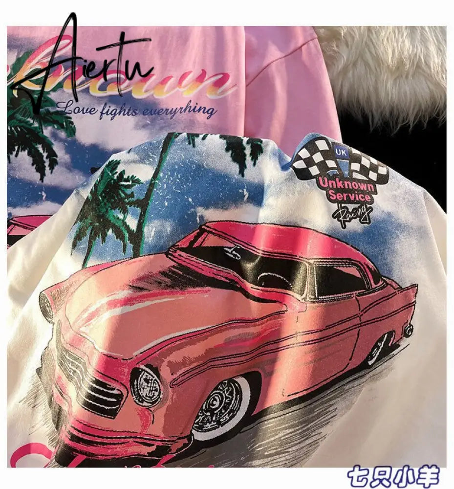 New Sweet Pink Car Print 90s Vintage Graphic T Shirts Hip Hop Women Girls Street Fashion Oversized T-shirt Summer Cotton Y2k Top Aiertu
