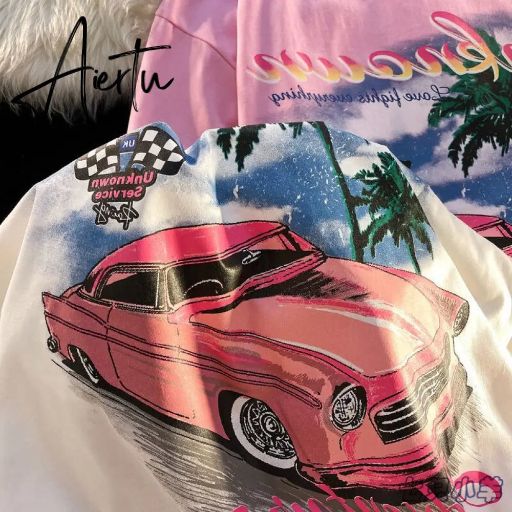 New Sweet Pink Car Print 90s Vintage Graphic T Shirts Hip Hop Women Girls Street Fashion Oversized T-shirt Summer Cotton Y2k Top Aiertu