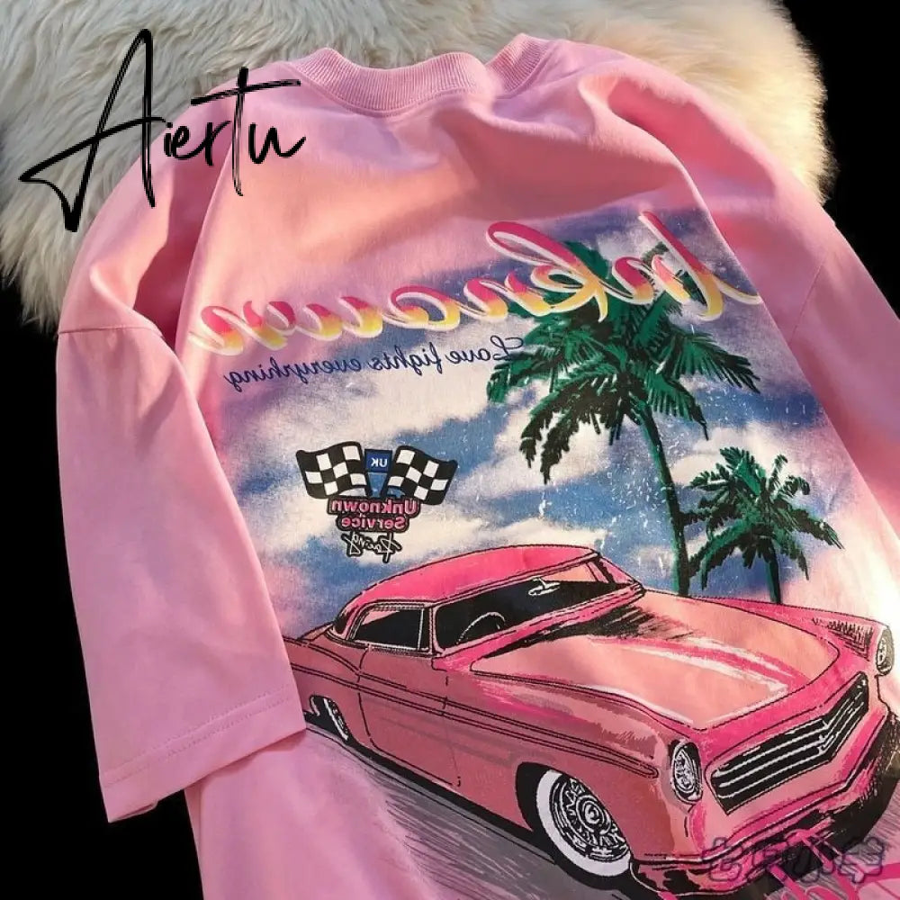 New Sweet Pink Car Print 90s Vintage Graphic T Shirts Hip Hop Women Girls Street Fashion Oversized T-shirt Summer Cotton Y2k Top Aiertu