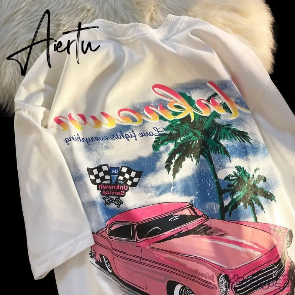 New Sweet Pink Car Print 90s Vintage Graphic T Shirts Hip Hop Women Girls Street Fashion Oversized T-shirt Summer Cotton Y2k Top Aiertu