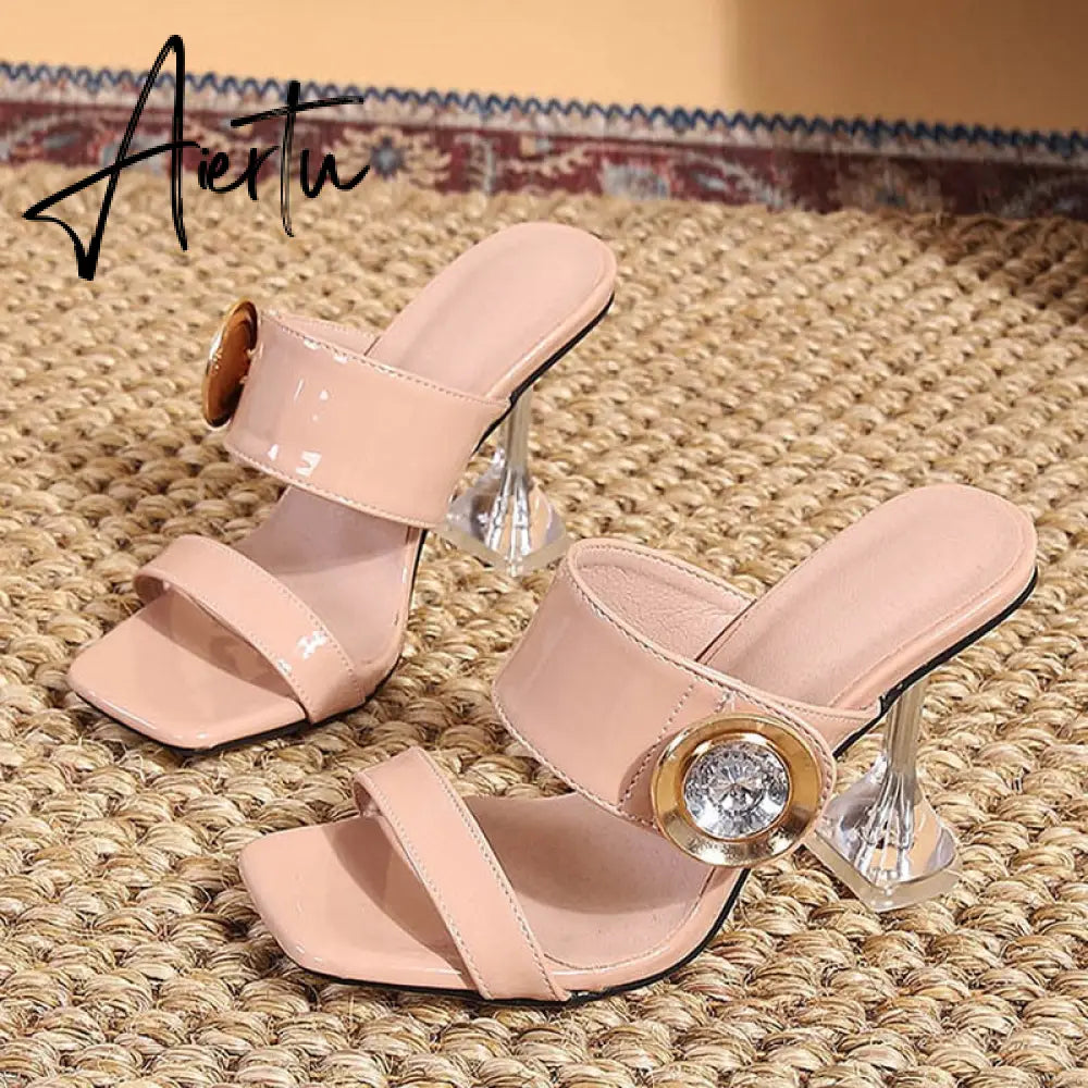 New Transparent Heels 9CM Slippers Outdoor Fashion Metal Crystal Buckle Designer Sandal Women Slides Party Dress Shoe Aiertu