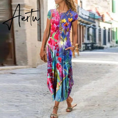 New Vintage Party Dresses For Women Floral Print Short Sleeve Summer Dress Women Plus Size Sundress Pocket Beach Long Dress Boho Aiertu