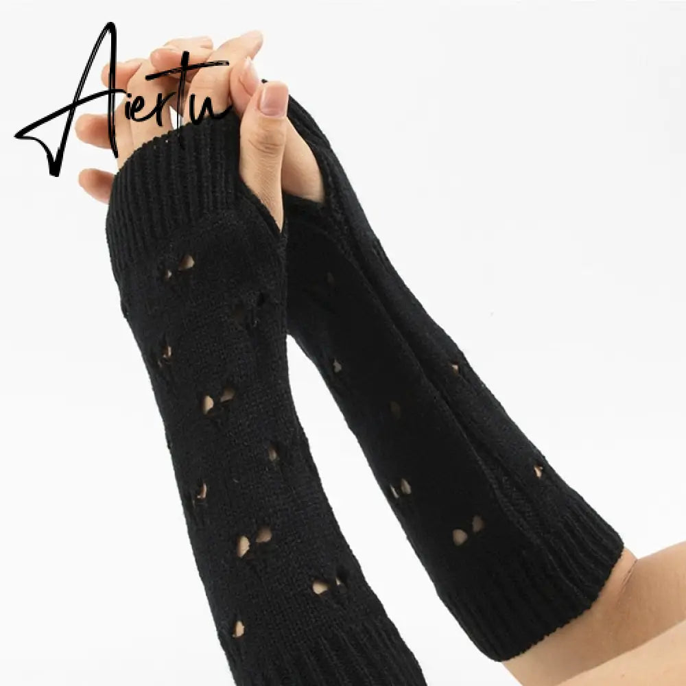 New Warmer Winter Women Gloves Stylish Hand Gloves Girl Arm Crochet Knitting Hollow Heart Mitten Warm Fingerless Gloves Aiertu