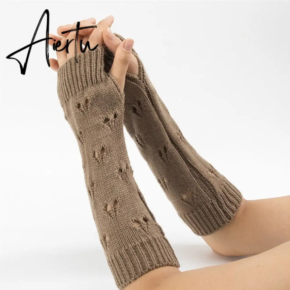 New Warmer Winter Women Gloves Stylish Hand Gloves Girl Arm Crochet Knitting Hollow Heart Mitten Warm Fingerless Gloves Aiertu