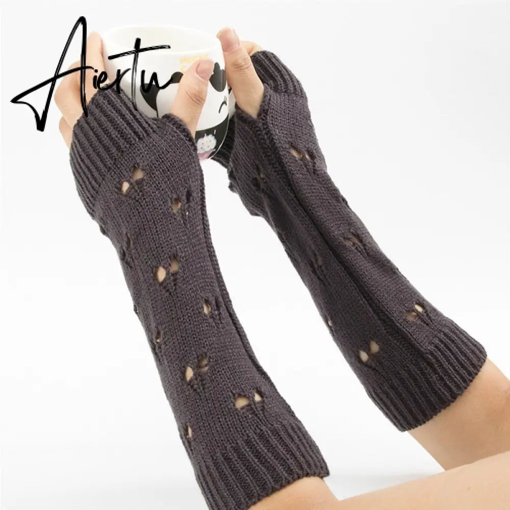 New Warmer Winter Women Gloves Stylish Hand Gloves Girl Arm Crochet Knitting Hollow Heart Mitten Warm Fingerless Gloves Aiertu