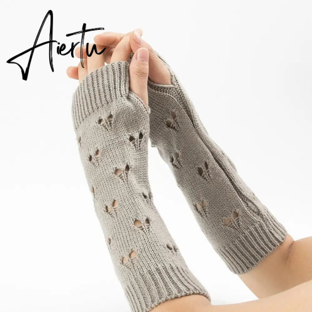 New Warmer Winter Women Gloves Stylish Hand Gloves Girl Arm Crochet Knitting Hollow Heart Mitten Warm Fingerless Gloves Aiertu