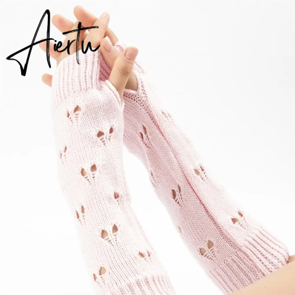 New Warmer Winter Women Gloves Stylish Hand Gloves Girl Arm Crochet Knitting Hollow Heart Mitten Warm Fingerless Gloves Aiertu