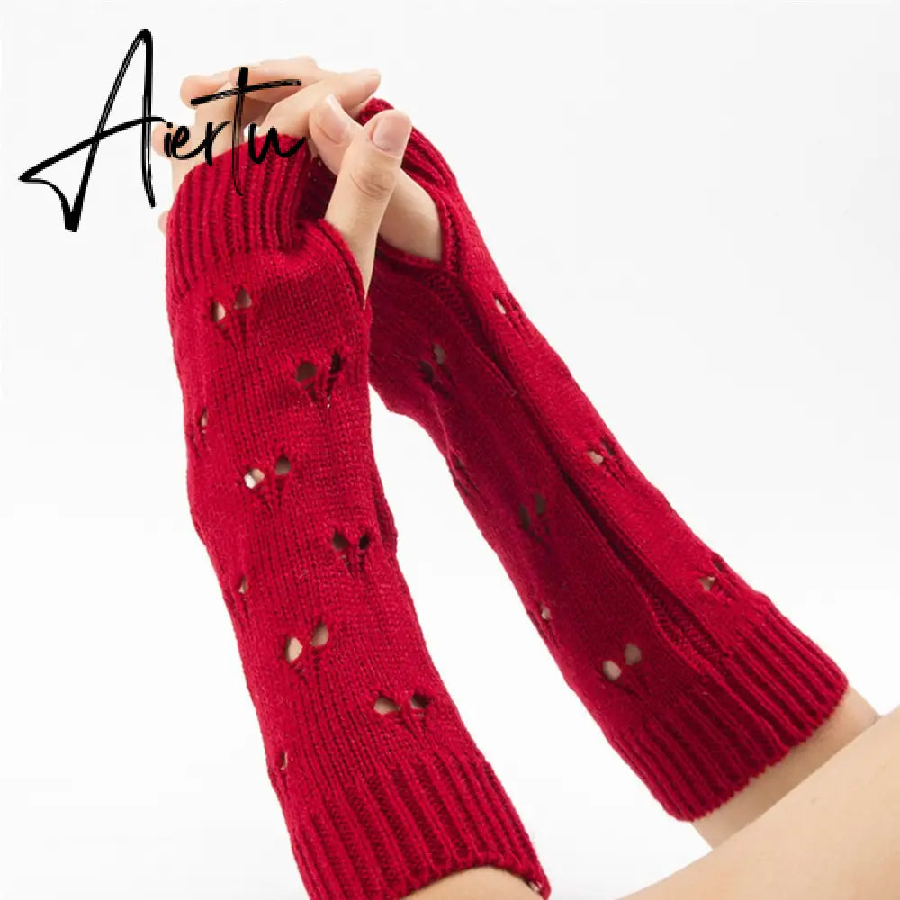 New Warmer Winter Women Gloves Stylish Hand Gloves Girl Arm Crochet Knitting Hollow Heart Mitten Warm Fingerless Gloves Aiertu